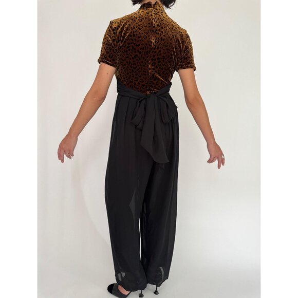 90s vintage animal leopard print funky fuzzy velvet sheer pant jumpsuit pantsuit - Picture 4 of 10